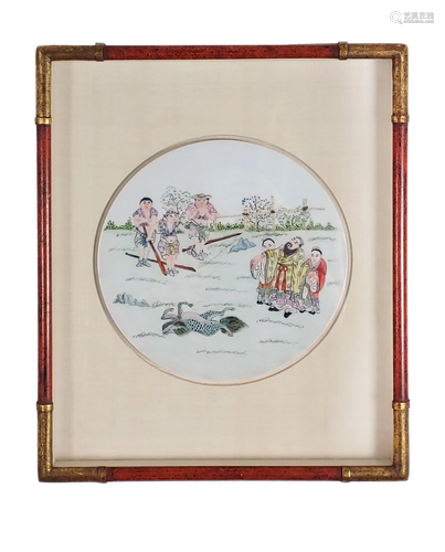 Framed Japanese Porcelain Plaque of Figures