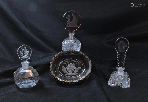 (4) Czech Perfume Bottles Intaglio Stopper & Tray