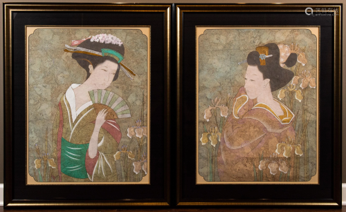 (2) Framed Large Japanese Cork Paper Paintings
