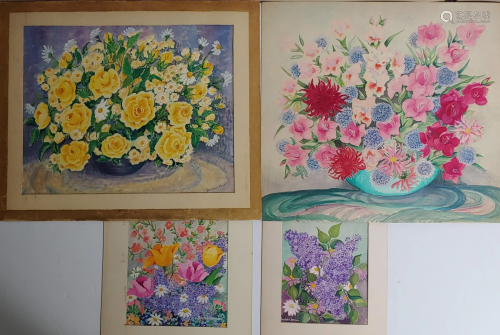 (4) Beulah H. Brown Floral Bouquet Paintings