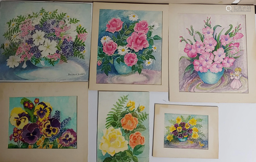 (6) Beulah H. Brown Floral Arrangement Paintings