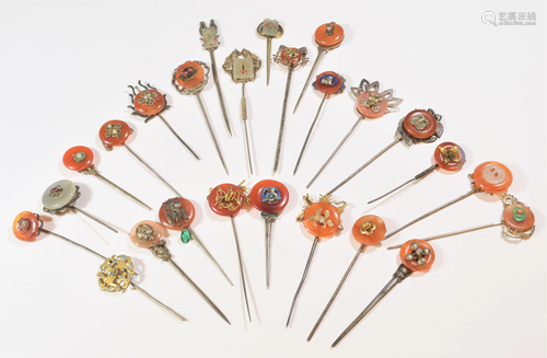 25 Chinese Silver, Jadeite, Agate Hairpins 19th C