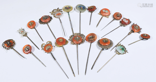 20 Chinese Silver, Jadeite, Agate Hairpins 19th C