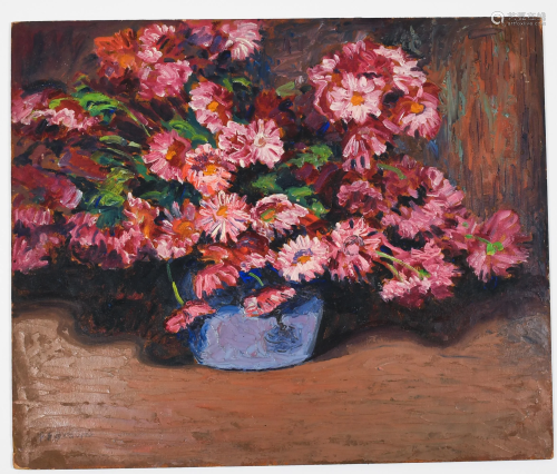 Francis Focer Brown Oil Board Painting Pink Daisy