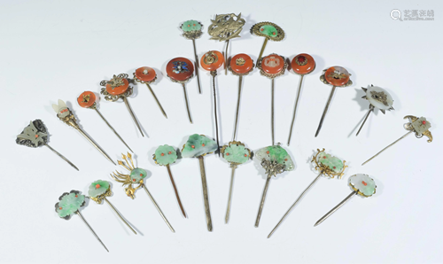 25 Chinese Silver, Jadeite, Agate Hairpins 19th C