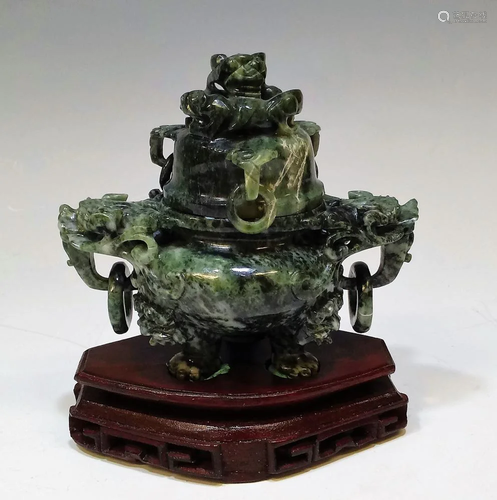 Chinese Jade Lidded Incense Burner w/ Stand