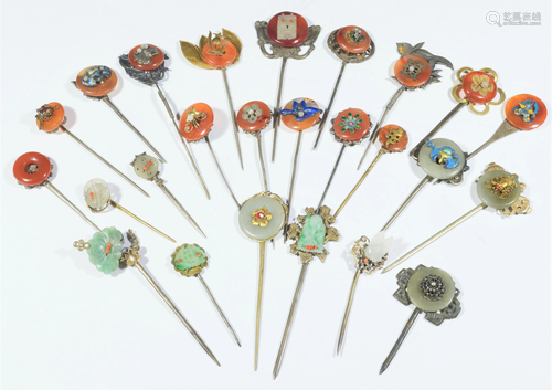 25 Chinese Silver, Jadeite, Agate Hairpins 19th C