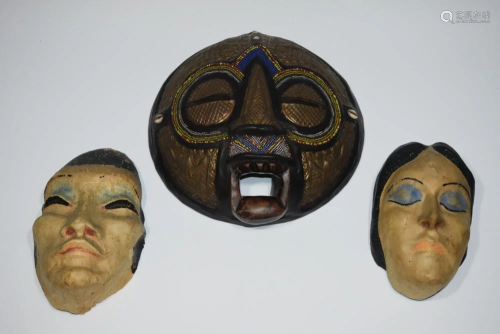 (3) Art Masks African Beaded Ghana, Vellum Theater