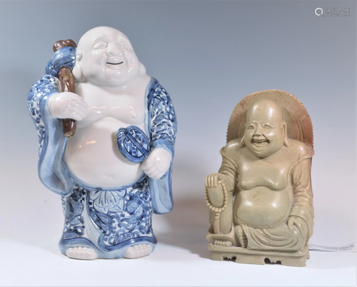 (2) Chinese Budai, Porcelain & Soapstone