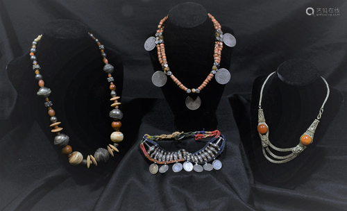 (4) Indian Silver Rupee and Other Necklaces