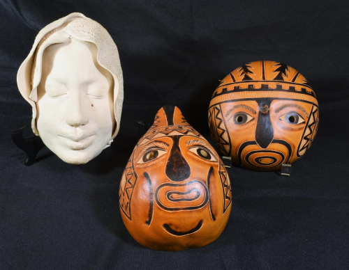 (3) Decorative Masks, Plaster & Gourd