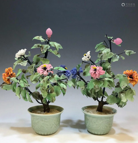 (2) Glass Flowers in Celadon Style Pots