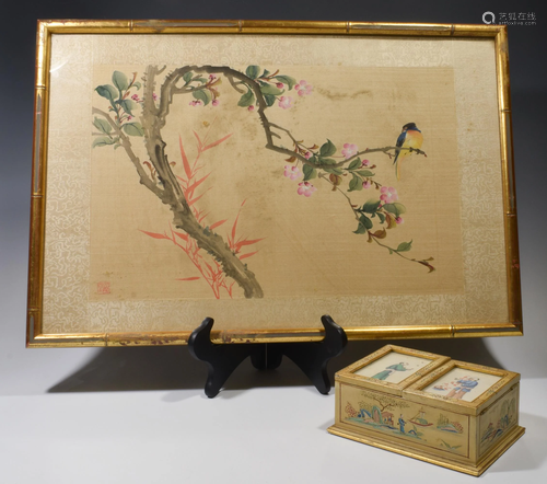 Chinese Silk Painting & Box w/ Pith Paintings