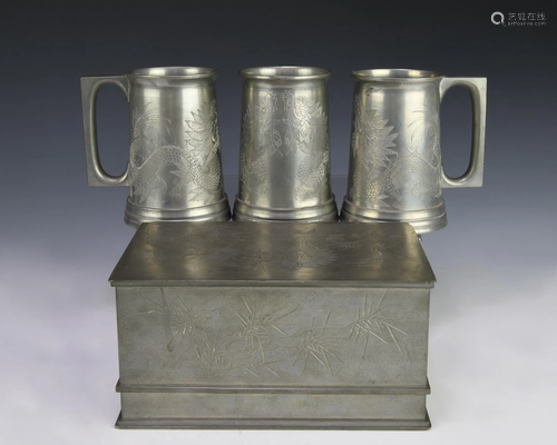 (4) Chinese Republic Period Pewter Box & Mugs