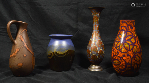 (4) Art Pottery Vases & Brass Vase