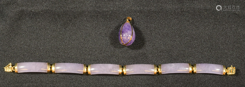 14K Gold, Lavender Jade Bracelet, Amethyst Pendant