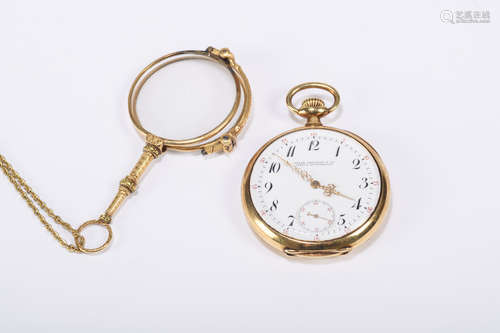 A gold Patek Philippe pocket watch with enamel initials and a gold lorgnet (4cm)