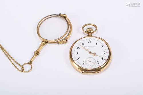 A gold Patek Philippe pocket watch with enamel initials and a gold lorgnet (4cm)