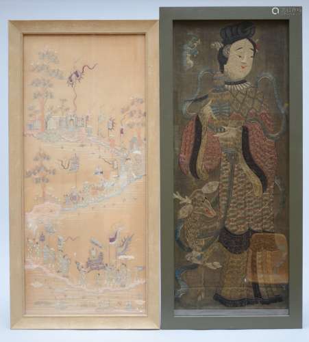 Two Chinese embroideries 'lady' and 'warriors in a landscape'