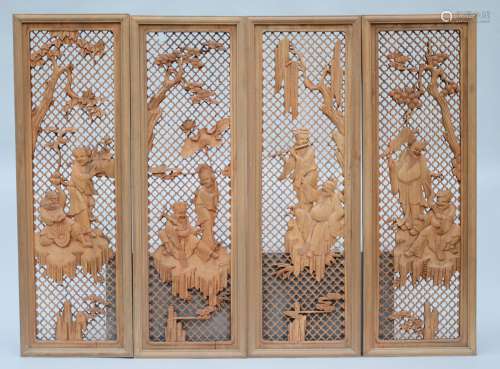 Four sculpted openwork Chinese wooden panels (33x98cm)