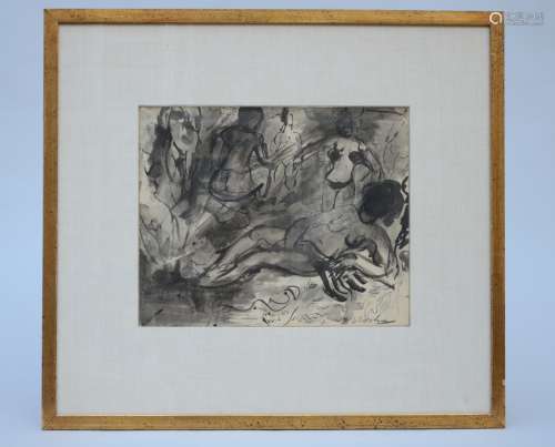 H.V. Wolvens: ink drawing 'bathers' (37x30cm)