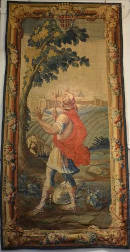 A Flemish tapestry 'warrior', 17th century (signed) (158x320cm)