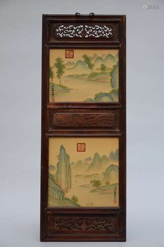 Chinese panel with two plaques in porcelain 'landscapes' (35x96cm)