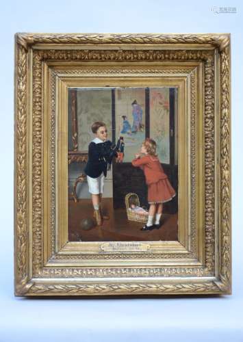 Anonymous (illegible signature): painting (o/c) 'children playing' (26x35cm)