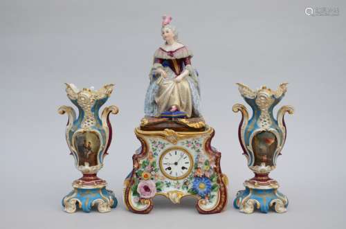 A three-piece porcelain clock set 'lady on a throne' (*) (56cm)