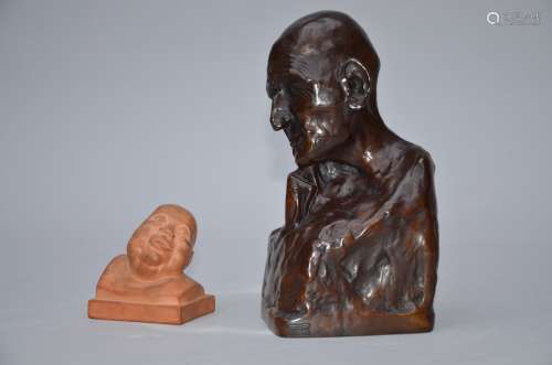 Hauchecorne: one bust in terra cotta and one bust in bronze 'Chinese men' (25cm)