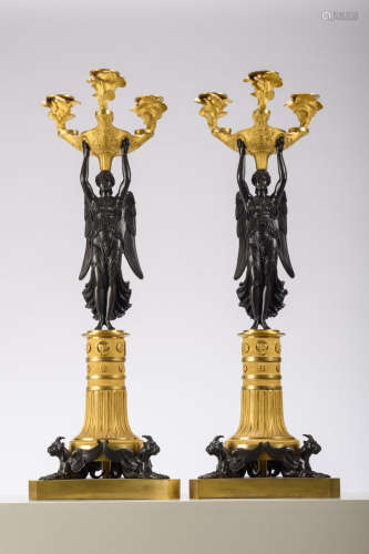 A pair of ormulu bronze Empire candlesticks 'caryatids' (67cm)