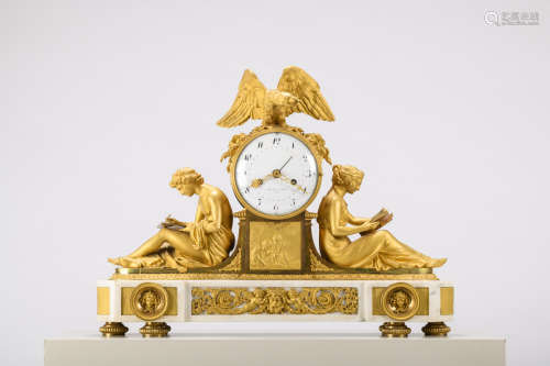 A large clock in gilt bronze 'pendule aux Maréchaux' by Mathieu Lainé à Paris (16x73x53cm)