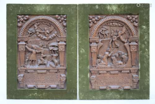 A pair of Renaissance bas-reliefs in oak (30x45cm)