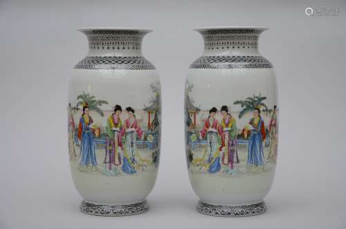A pair of vases in Chinese porcelain 'elegant company', marked (41cm)