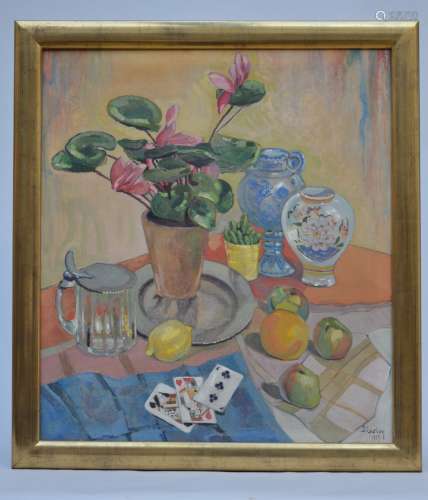 Jane Carion: painting (o/c) 'still life with playing cards' (73x82cm)