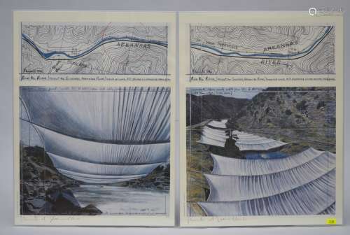 Christo: two lithographs 'over the river' (64x84cm)
