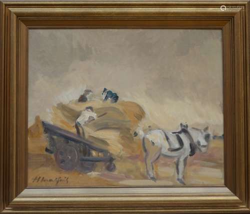 Hubert Malfait: painting (o/c) 'horse and wagon' (80x65cm)