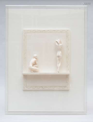 Jacques Verduyn: ceramic 'two ladies', in a plexiglass frame (79x105cm)