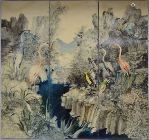 A. Saverijs: three painted panels 'birds' (77x217cm)