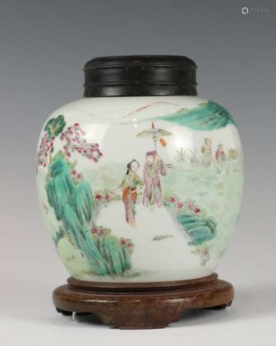 CHINESE FAMILLE ROSE LANDSCAPE FIGURES JAR W/STAND