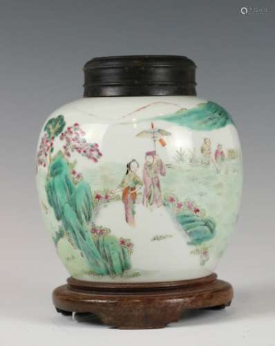 CHINESE FAMILLE ROSE LANDSCAPE FIGURES JAR W/STAND