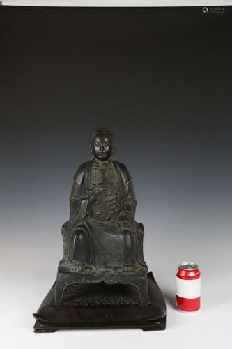 BRONZE FIGURE OF ZHENWU W/WOOD BASE 16TH-17TH C.