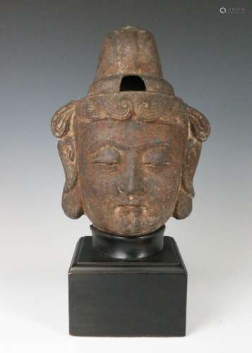 CAST IRON HEAD OF A BODHISATTVA 16TH C OR EARLIER