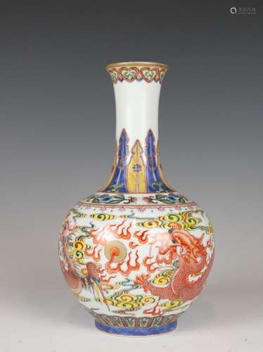 A FAMILLE ROSE DRAGON PHOENIX VASE QIANLONG MARK Q