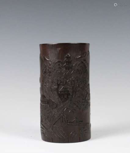 A BAMBOO CARVED BRUSHPOT LATE QING