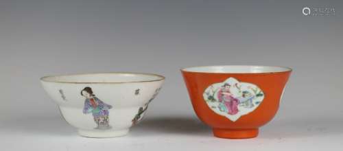 TWO FAMILLE ROSE FIGURES BOWLS