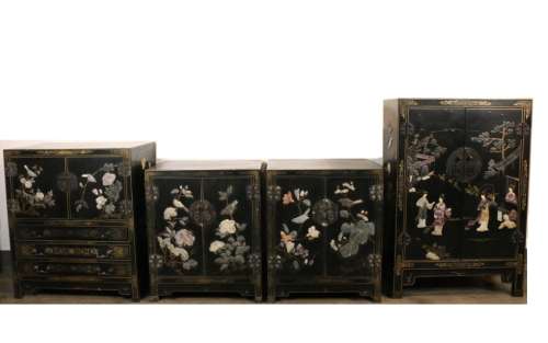 FOUR JADE INLAID BLACK-LACQUER CABINETS