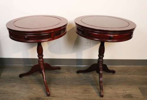 TWO HARDWOOD ROUND TABLES