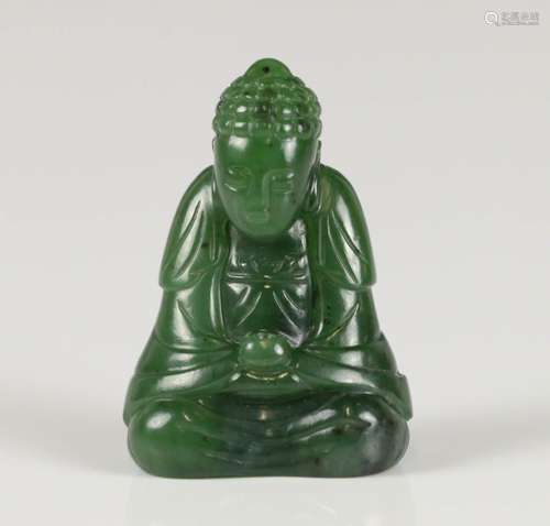 A SAMLL HETIAN SPINACH GREEN JADE CARVED BUDDHA