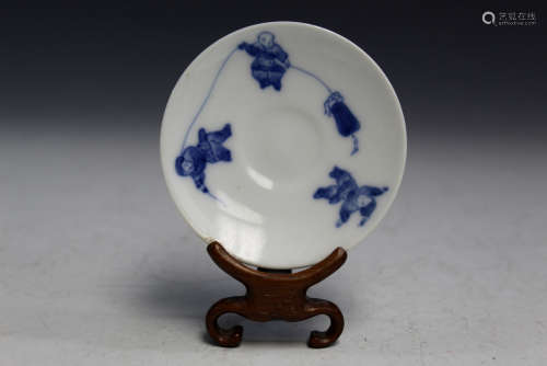 Chinese Blue and White Porcelain Dish on Wood Stand.